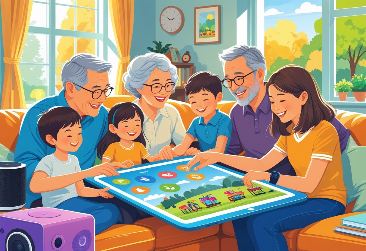 A family of different ages gathered around a tablet, planning a fun outing together in a bright living room.