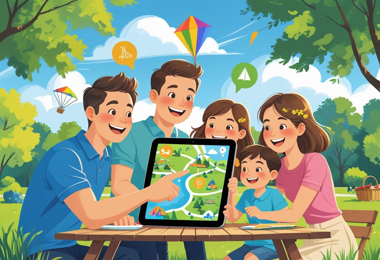 A family of four planning a day out together using a tablet in a sunny park with trees and picnic items around them.