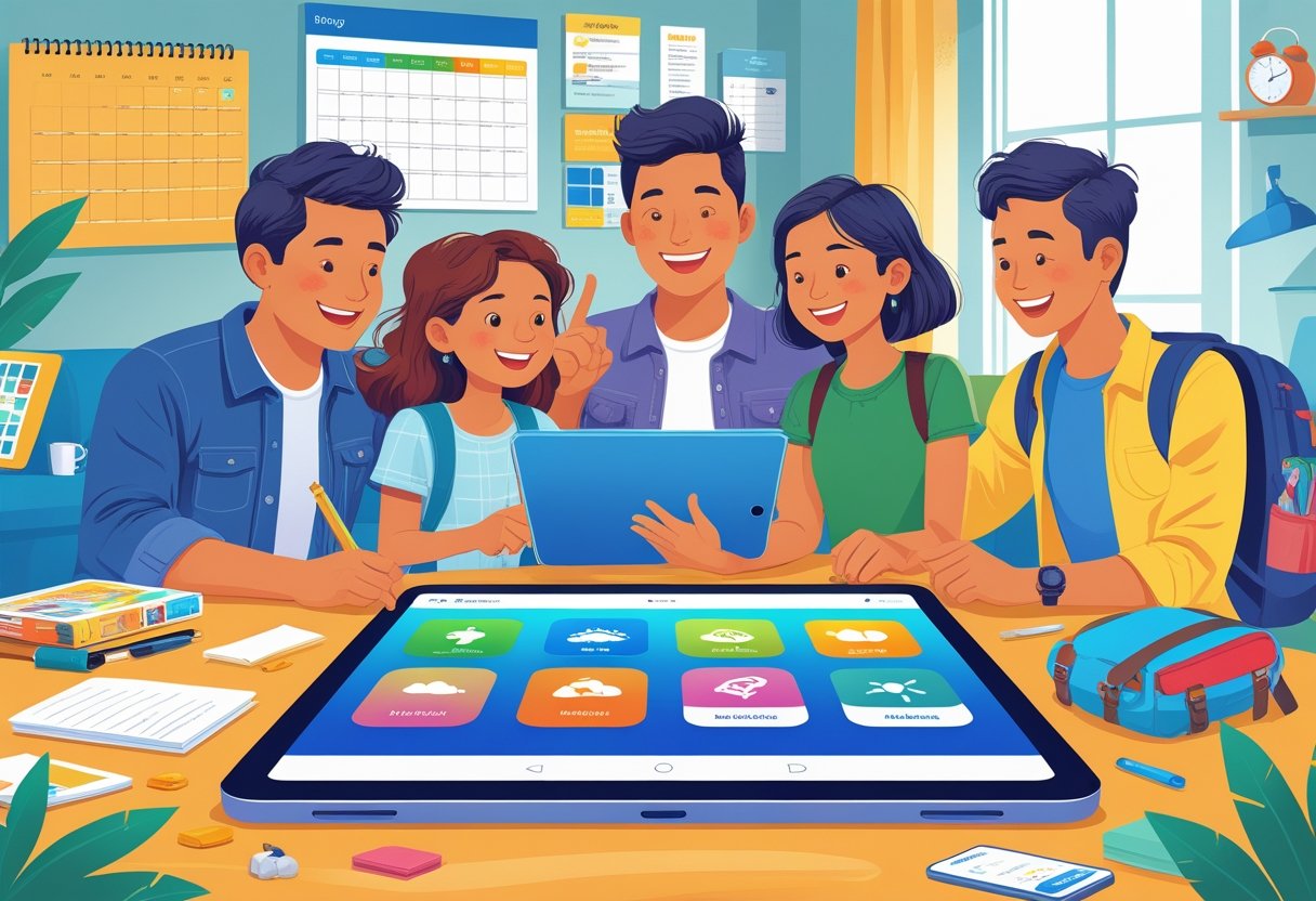 A family of four using a tablet and laptop to plan a family outing together in a living room filled with travel items and planning tools.