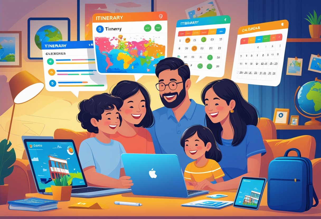 A family using digital devices to plan a fun outing together in a cozy living room.