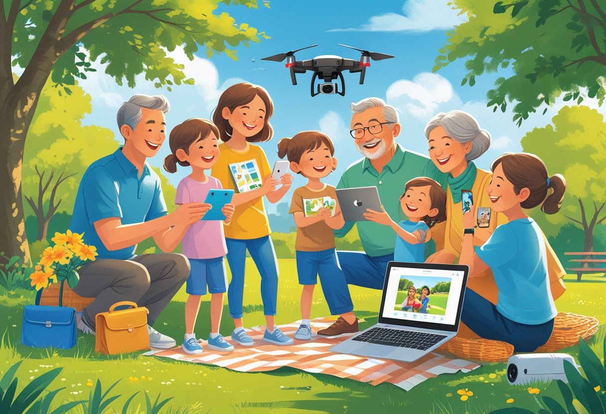 A family enjoying a sunny park outing, using devices like a smartphone, tablet, and laptop to plan activities and capture photos together.