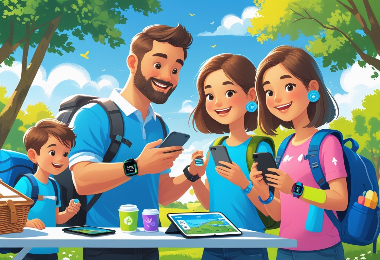 A family of four using smart gadgets and wearables to plan a day out at a park, with devices like smartwatches, smartphones, and fitness trackers visible.