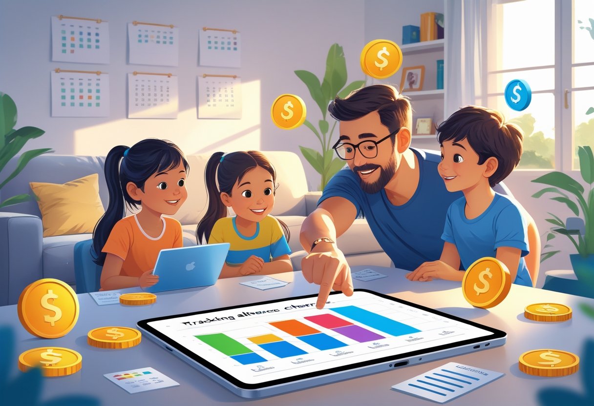 A parent and two children using a tablet together to track chores and allowances in a cozy living room.