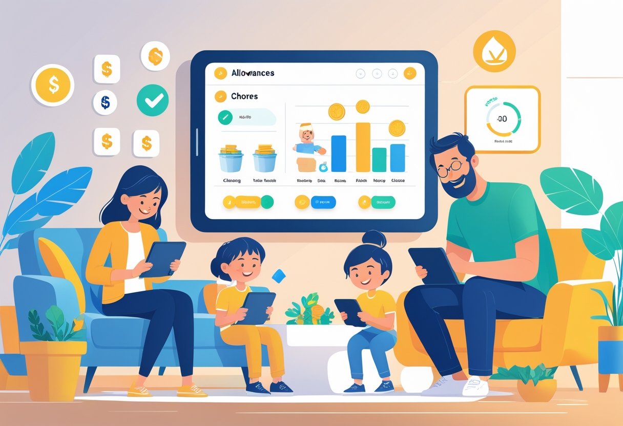 A family using digital devices to track children’s chores and allowances together in a living room.