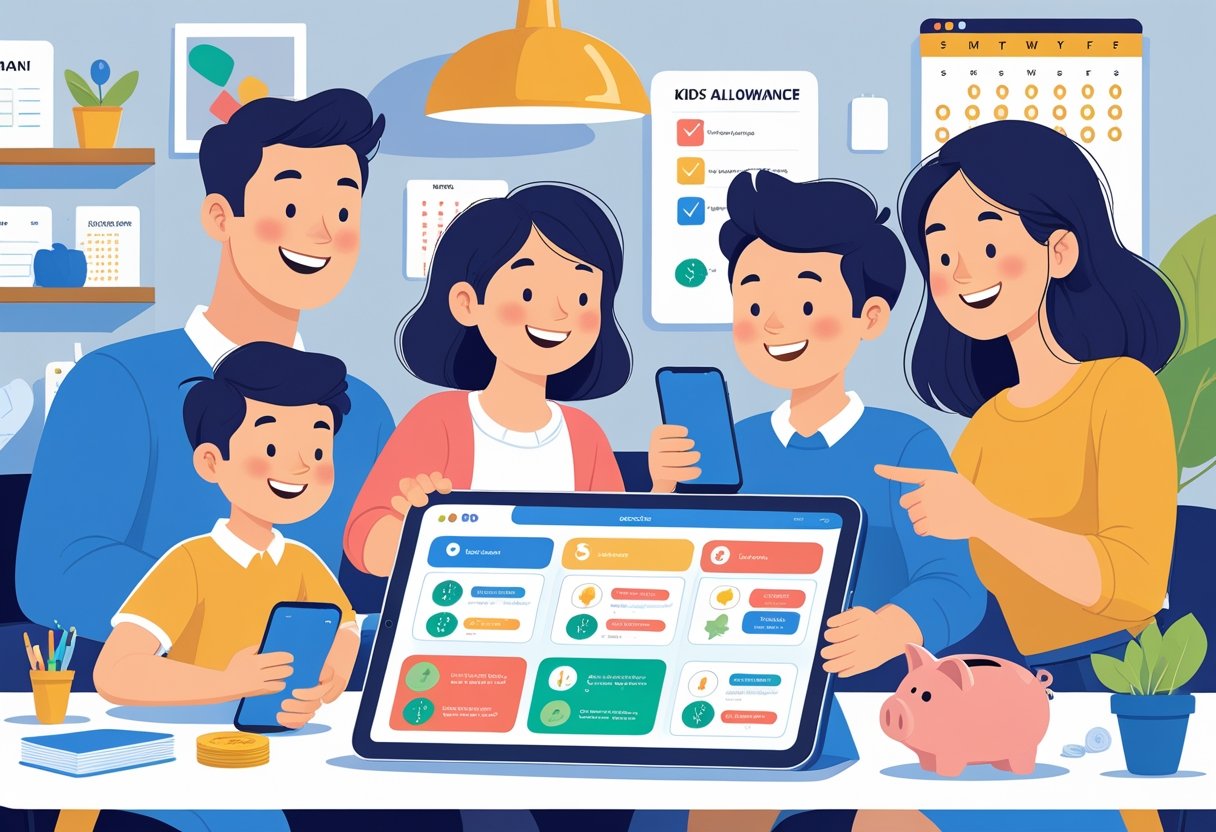 A family of four using digital devices together to track kids' chores and allowances in a cozy living room.