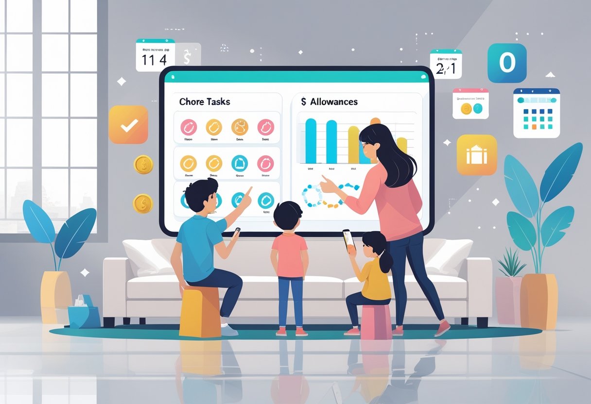 A parent and two children using digital devices together to track chores and allowances in a bright living room.