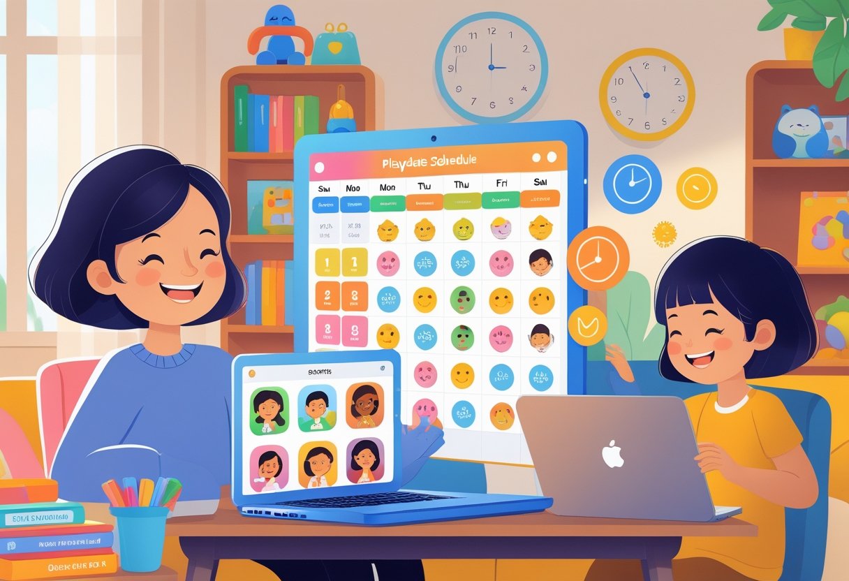 A parent organizing a virtual playdate schedule on a laptop while two children interact with devices in a cozy living room.