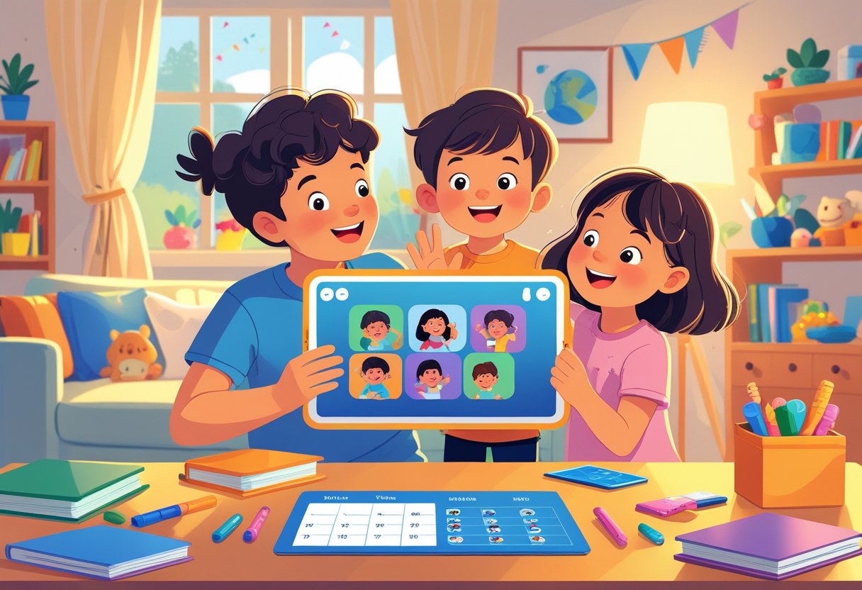 A parent and two children using a tablet for a virtual playdate with other kids on the screen in a cozy living room.