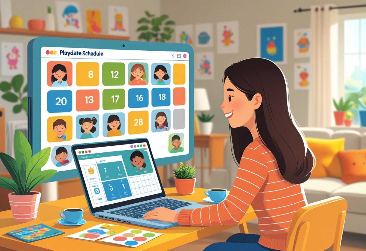 A parent sitting at a desk with a laptop, organizing a virtual playdate schedule while surrounded by children's toys in a cozy home setting.