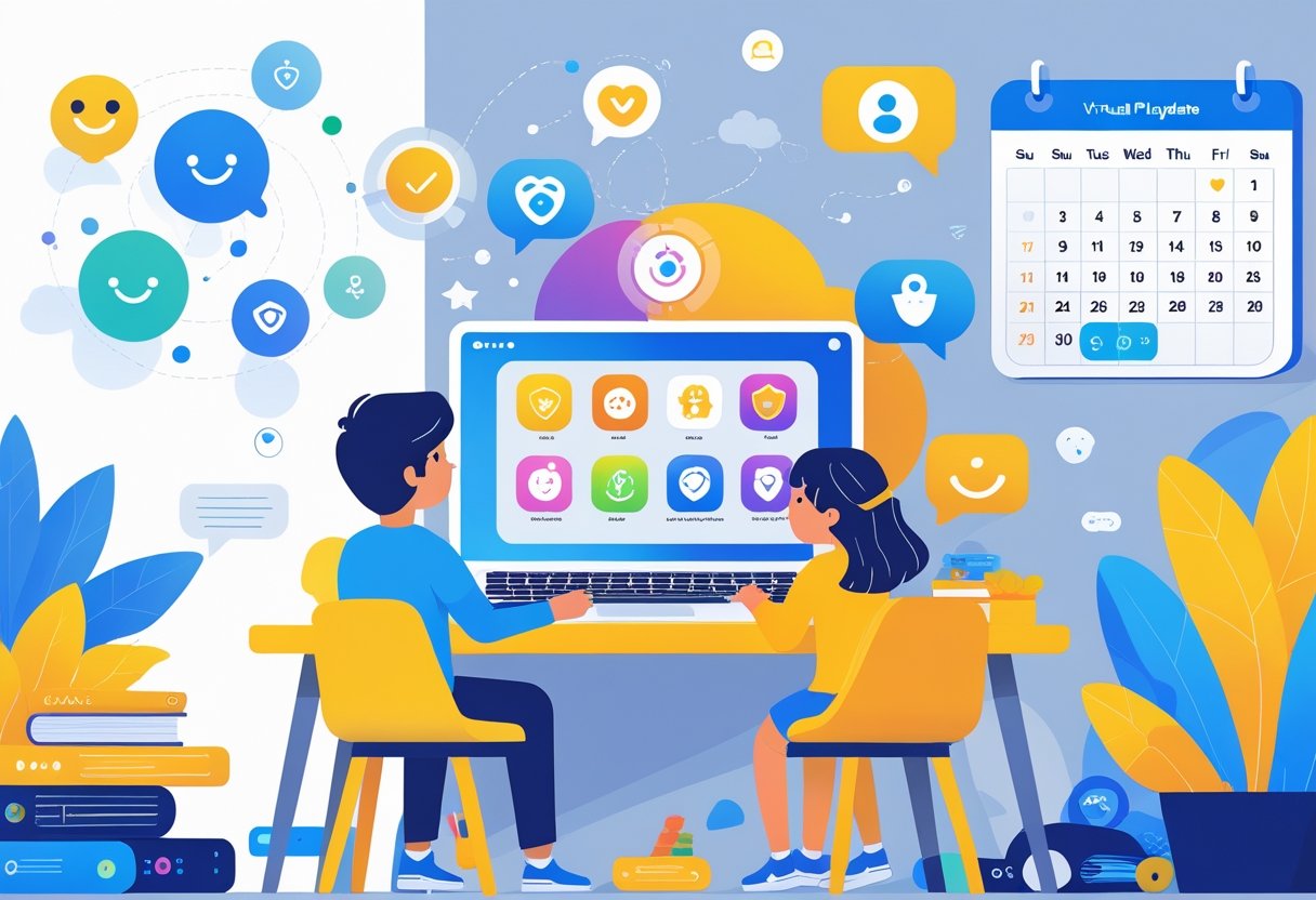 A parent and child sitting at a desk looking at a laptop with a calendar on the wall showing a virtual playdate schedule and icons representing safe digital platforms.