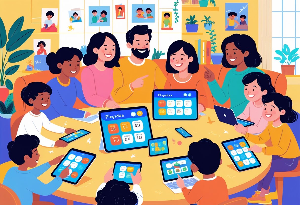 A group of parents sitting around a table with laptops and tablets, coordinating a virtual playdate while children play nearby.