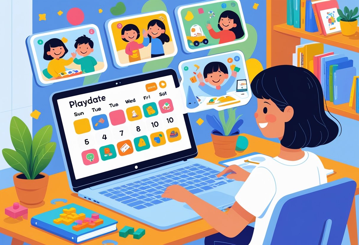A parent at a desk with a laptop showing a virtual playdate schedule, with children appearing in video call windows engaging in different play activities.