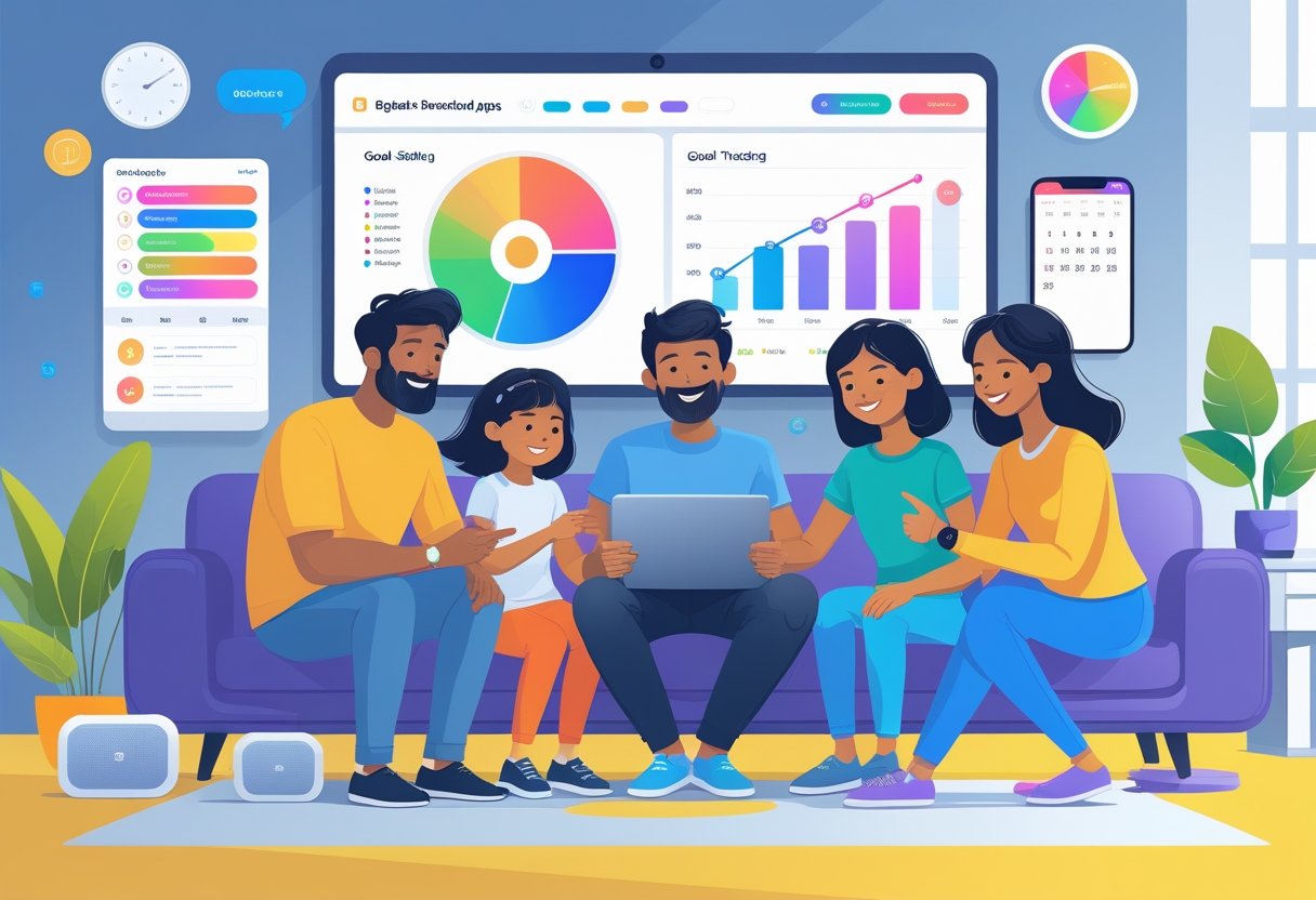 A family of four using digital devices together in a living room to track and discuss their goals.
