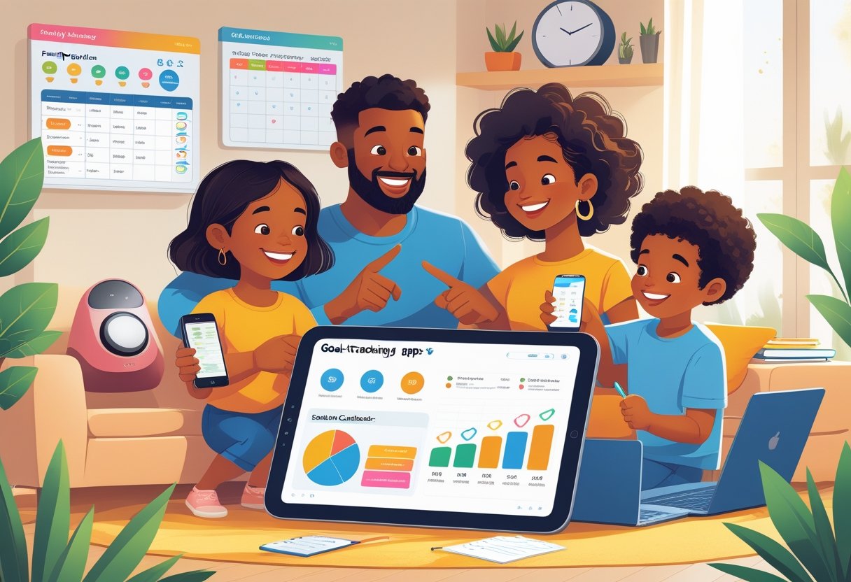 A family of four using digital devices together to plan and track their goals in a cozy living room.