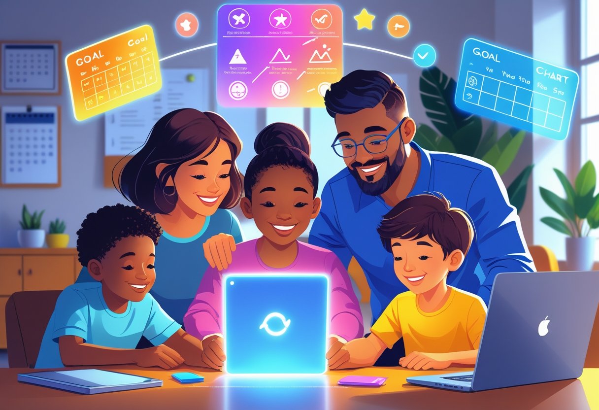 A family of four using a tablet and laptop together in a living room, interacting with digital icons and charts representing goal tracking.
