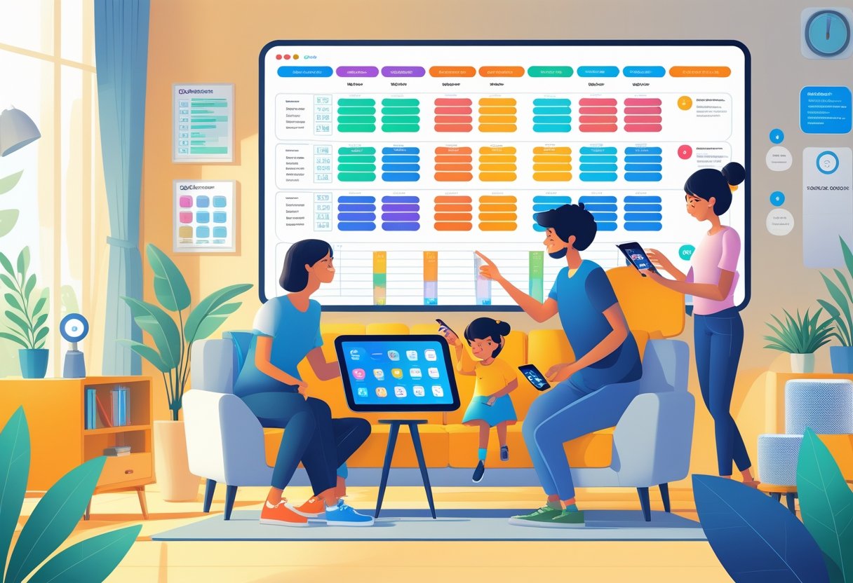 A family of four using digital devices together in a living room to plan and organize their goals.