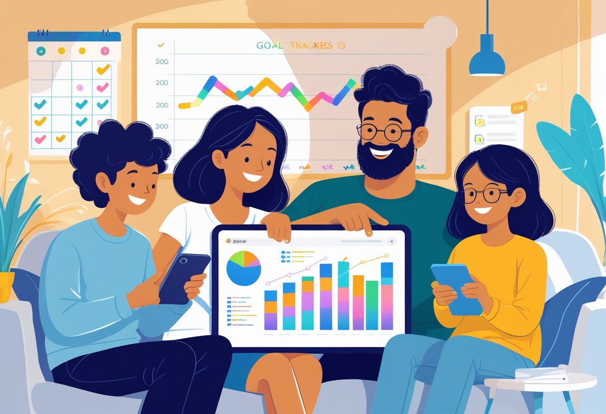 A family of four gathered around a tablet in a living room, tracking their progress and using technology to support their goals together.