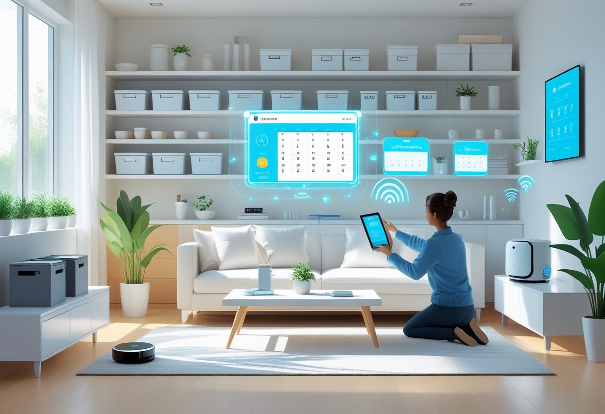 A tidy living room with organized shelves, a person using a tablet to control smart home devices, and a robotic vacuum cleaner cleaning the floor.