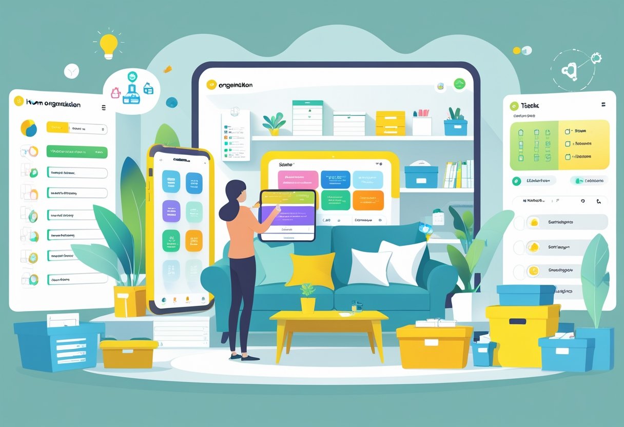 A person using a tablet in a tidy living room with organized shelves and storage boxes, surrounded by icons representing home organization apps and technology.