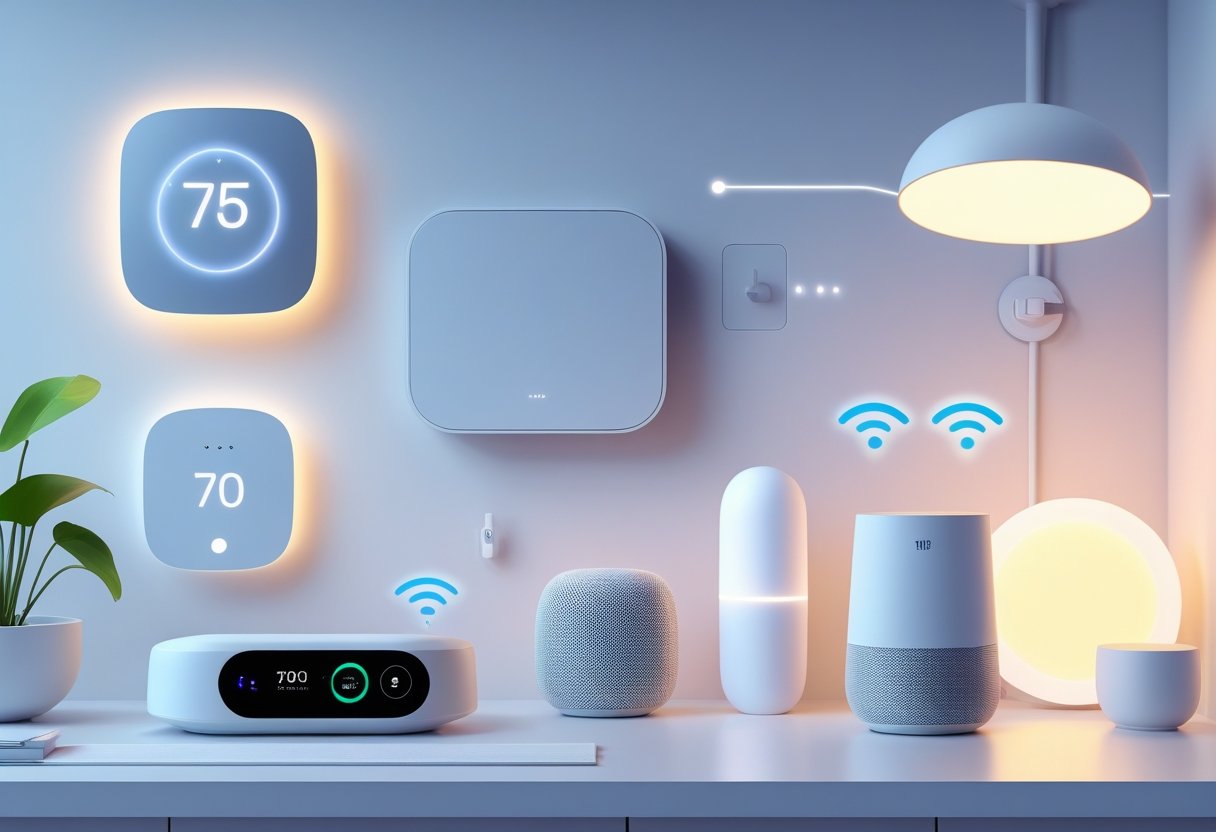 A modern living room with various smart home devices like a thermostat, smart speaker, automated lighting, and a smart hub, all arranged in a clean and organized space.