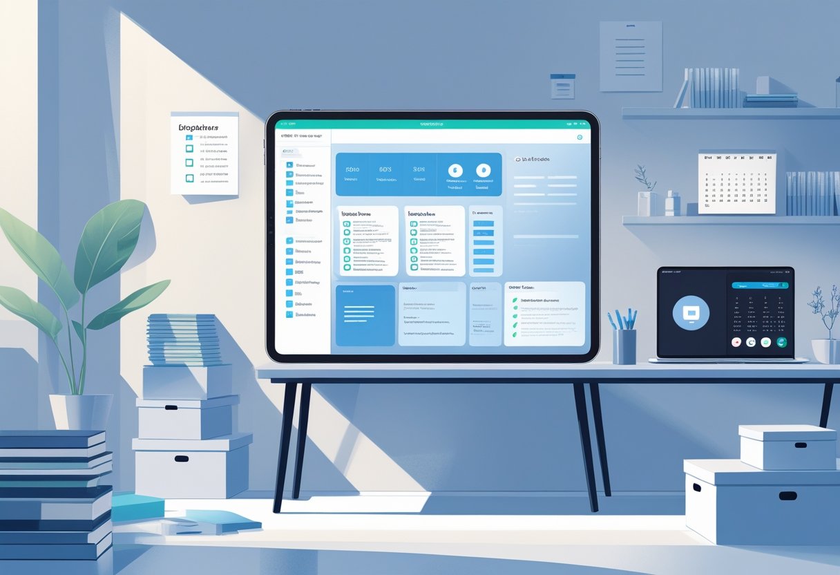 A tidy living room with a large digital screen showing organized apps and checklists, surrounded by neatly arranged books and storage boxes, symbolizing digital decluttering and home organization.