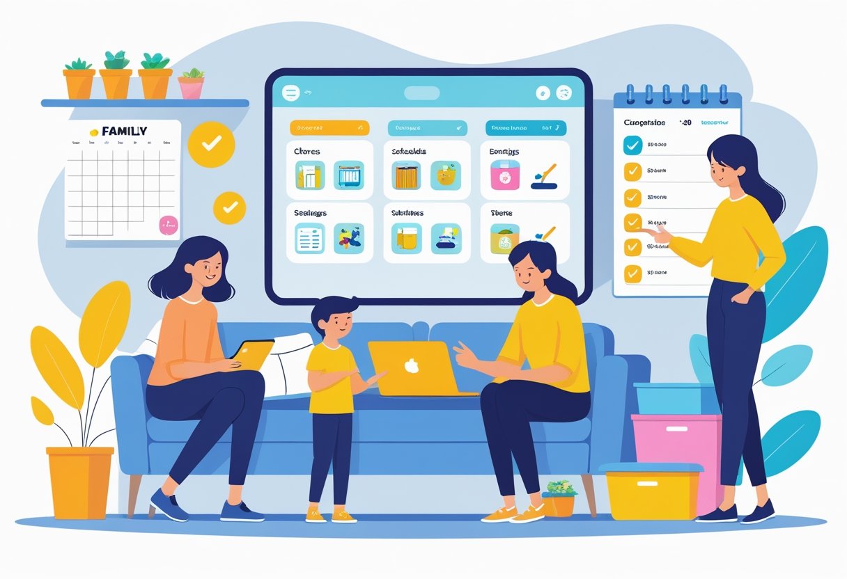 A family of four using a tablet to organize household chores in a tidy living room.