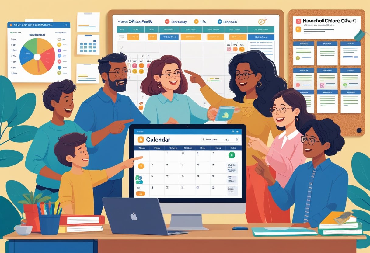 A family working together around a desk with digital devices showing shared calendars and task lists, organizing household and work activities.