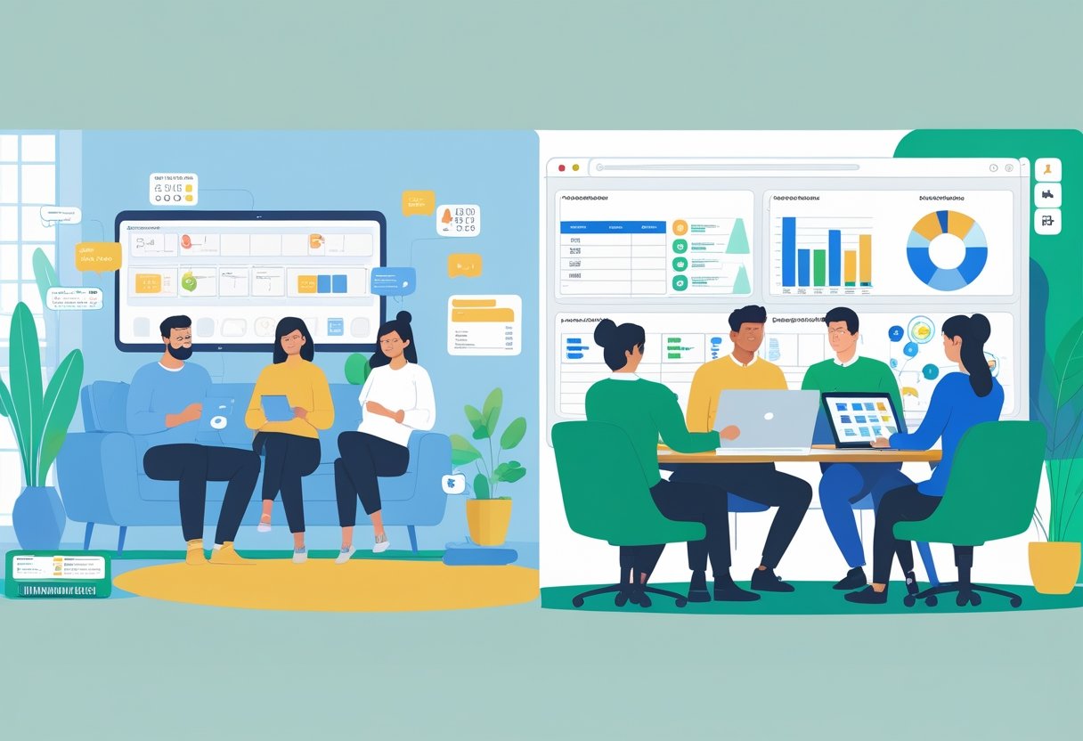 A family organizing household tasks on digital devices and coworkers collaborating virtually in an office, connected through shared digital tools.