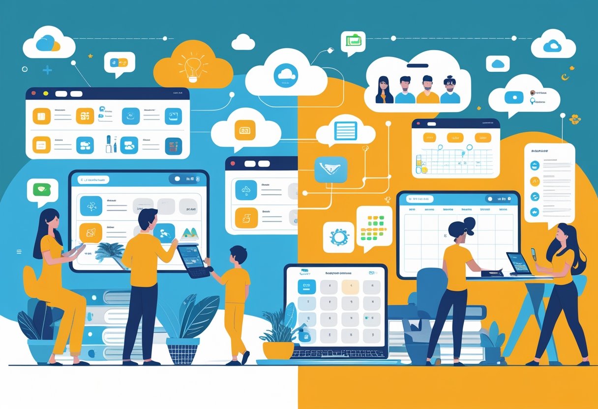 A split scene showing a family managing household tasks on digital devices at home and coworkers collaborating in an office using video calls and shared digital tools.