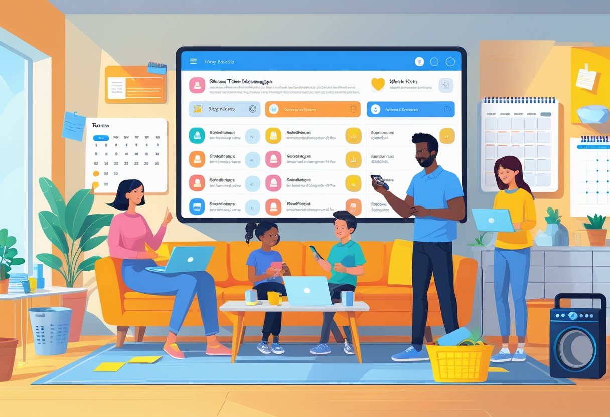 A family using digital devices in a living room to organize and manage household and work tasks together.