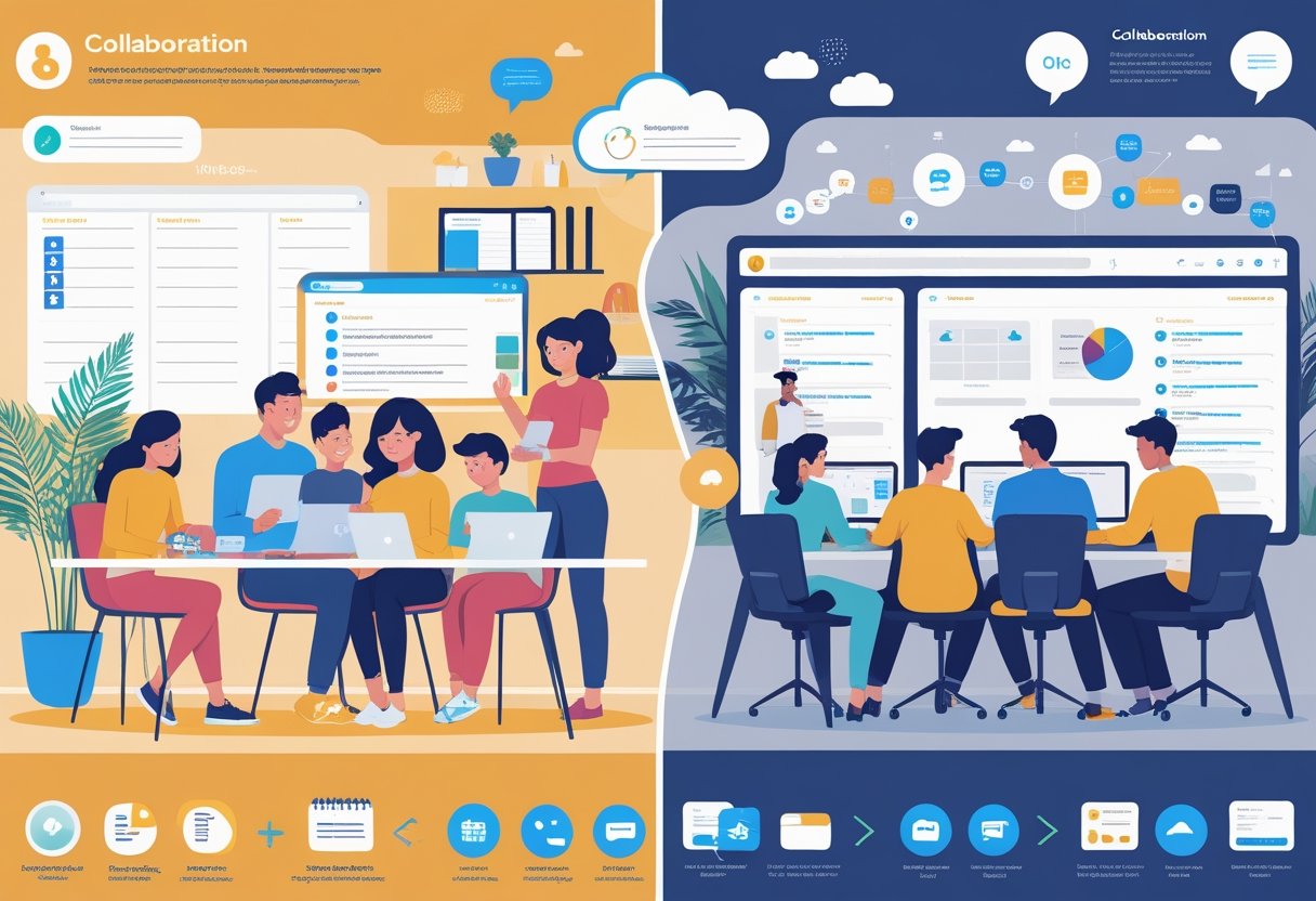 A family using digital devices at home to organize tasks and coworkers collaborating with laptops and screens in an office, showing teamwork and shared digital tools.
