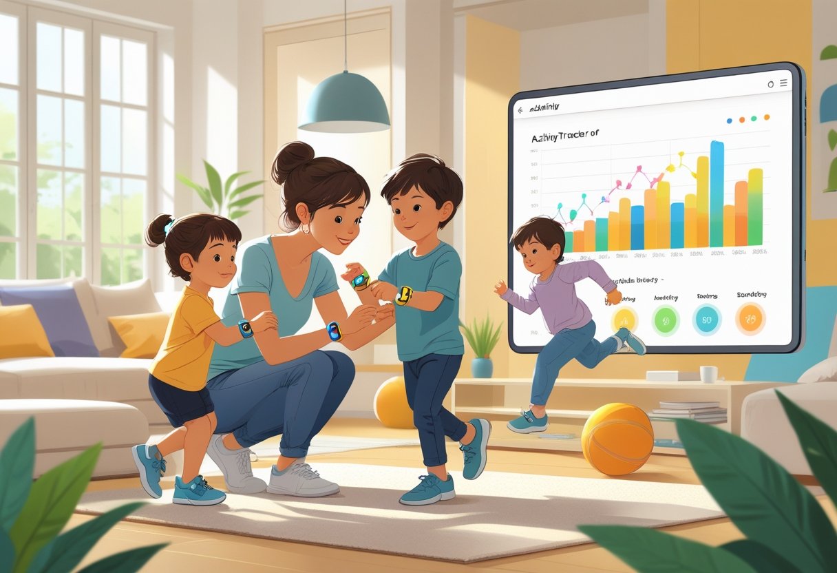 A parent helping a child put on a wearable activity tracker while another child plays nearby wearing a similar device, with a tablet showing activity data on a table.