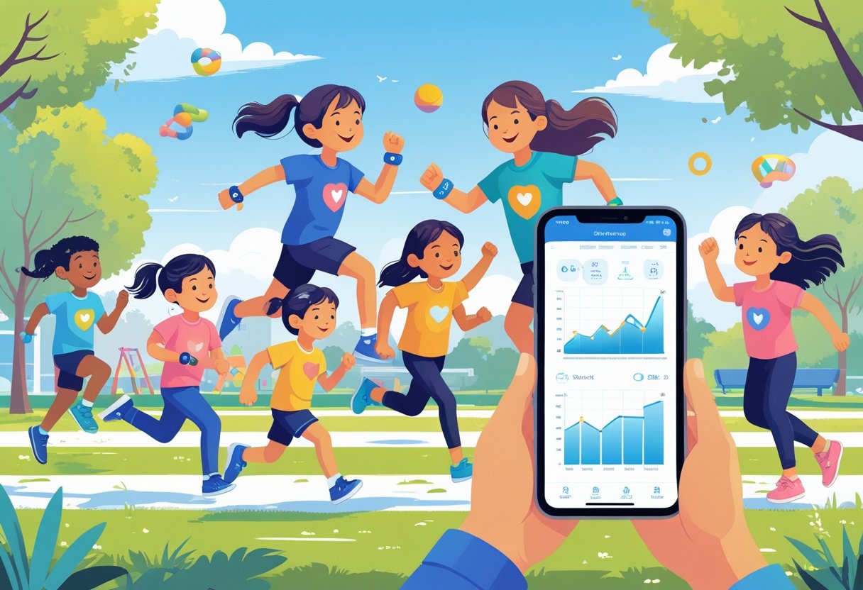Children playing outdoors wearing fitness trackers while a parent monitors their activity data on a smartphone.