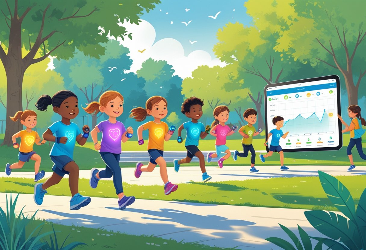 Children wearing smartwatches and fitness bands playing actively in a park while a parent monitors their activity on a tablet.