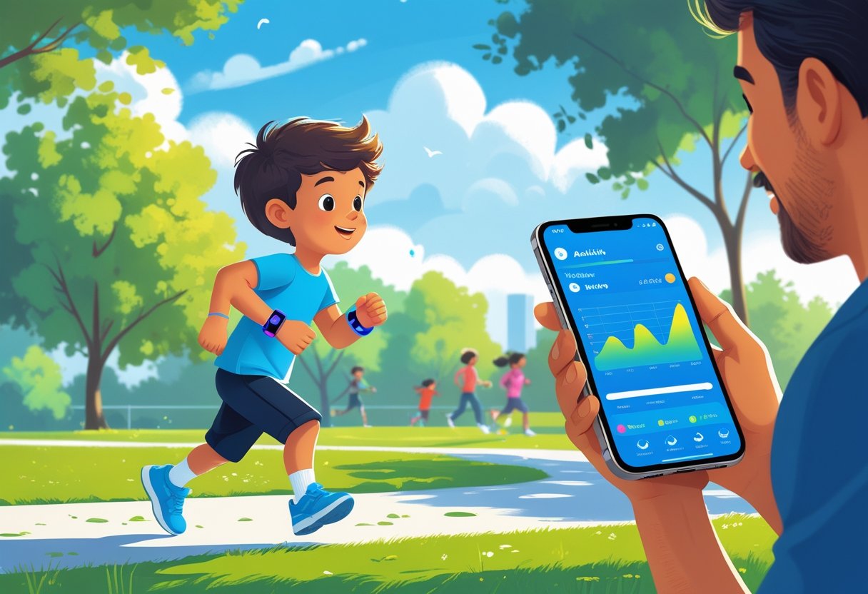 A child running outdoors wearing a wrist activity tracker while a parent watches and holds a smartphone displaying activity data.