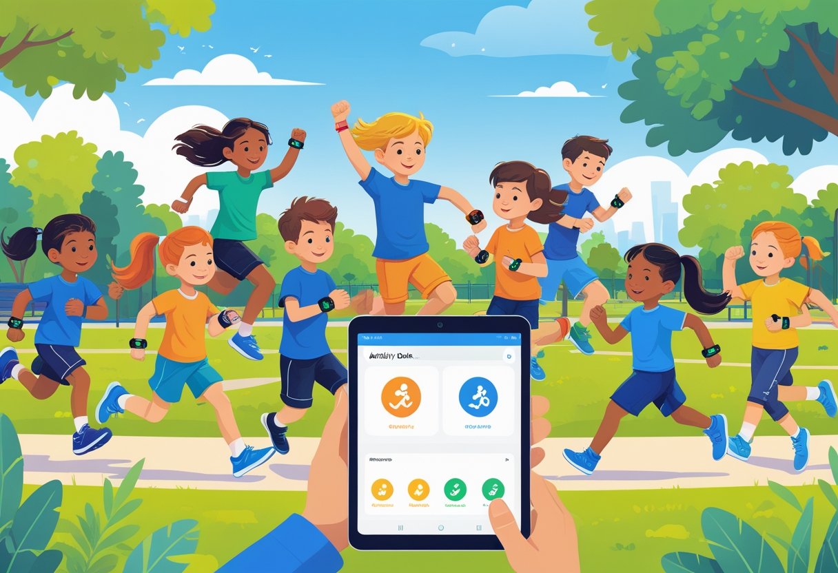 Children playing outdoors wearing different wearable devices while a parent watches and checks activity data on a tablet.