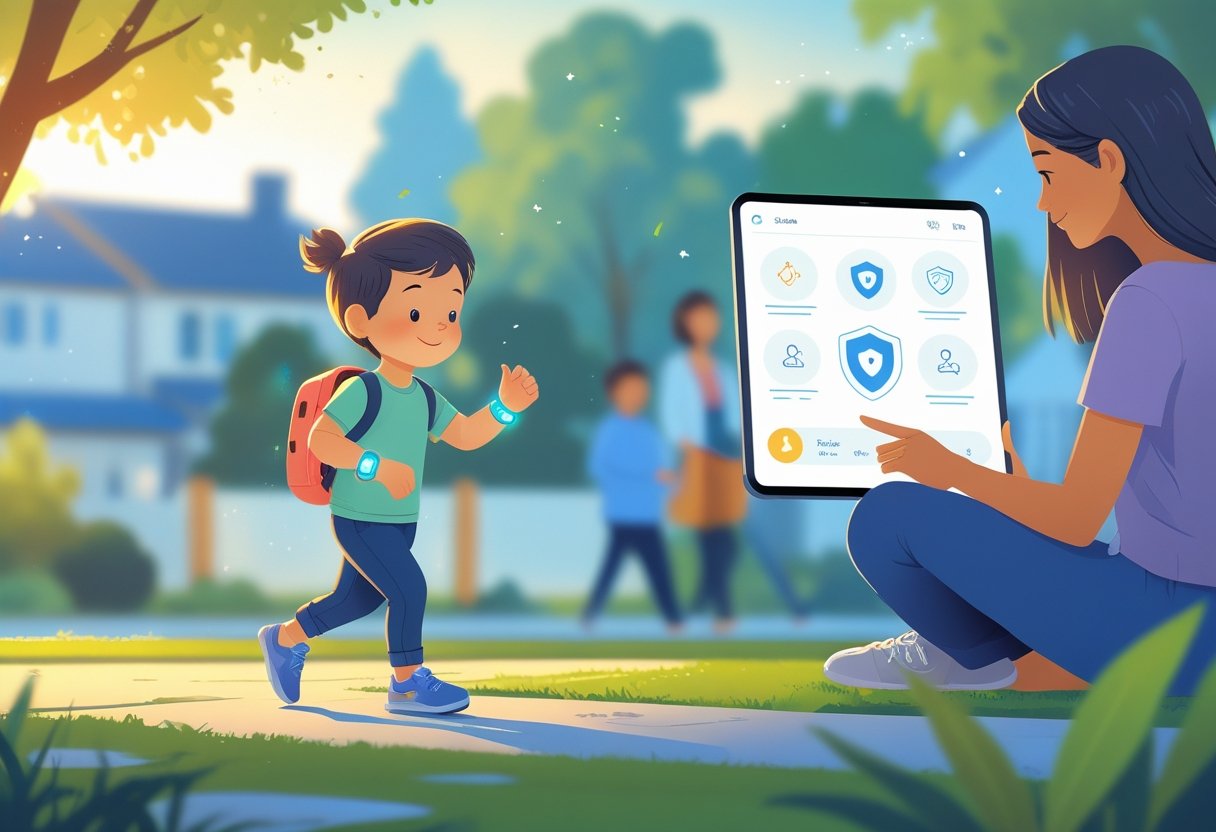 A child wearing a smartwatch plays outside while a parent monitors activity data on a smartphone in a safe neighborhood setting.