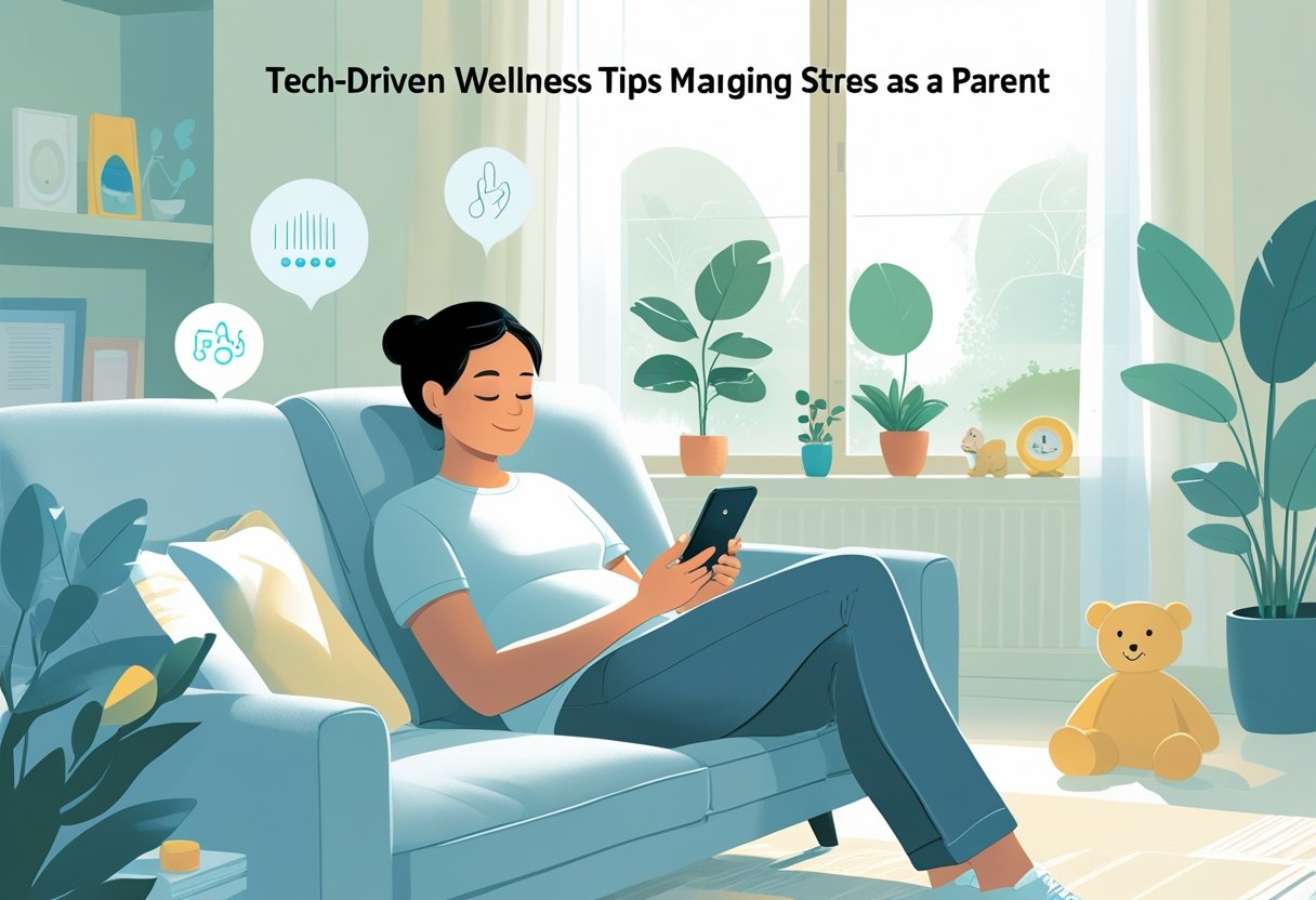 A parent sitting on a couch using a tablet with wellness app icons around, in a calm living room with natural light, plants, and children's toys neatly arranged.