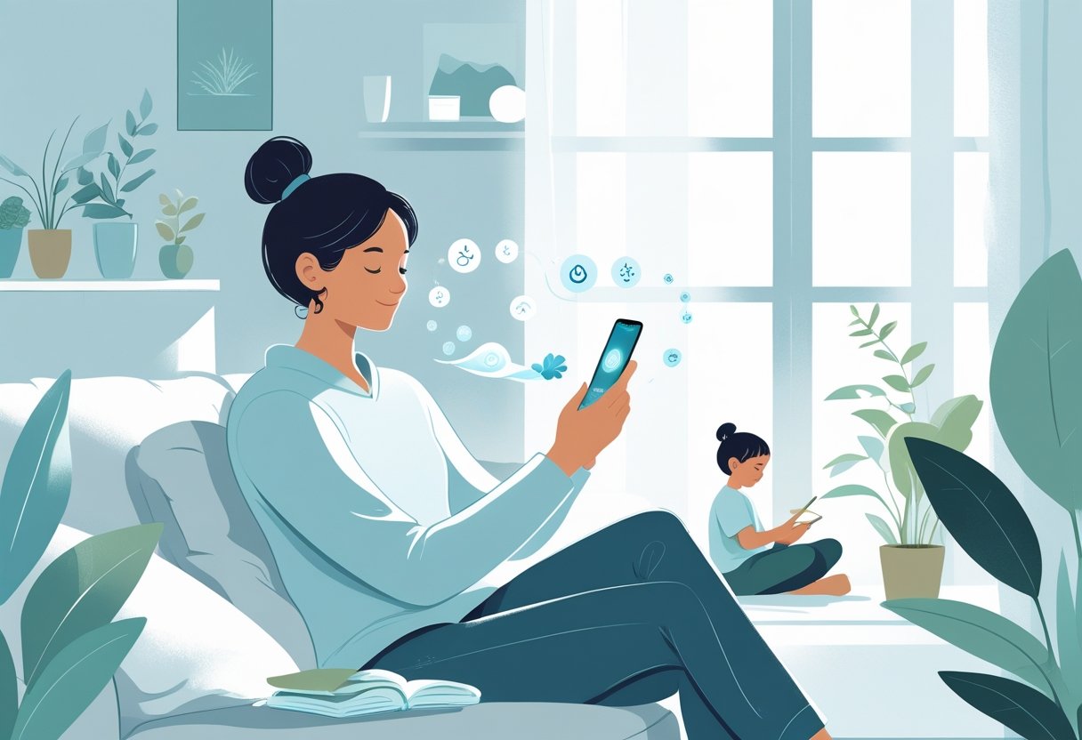A parent using a mindfulness app on a smartphone while sitting in a calm living room, with a child quietly engaged nearby.