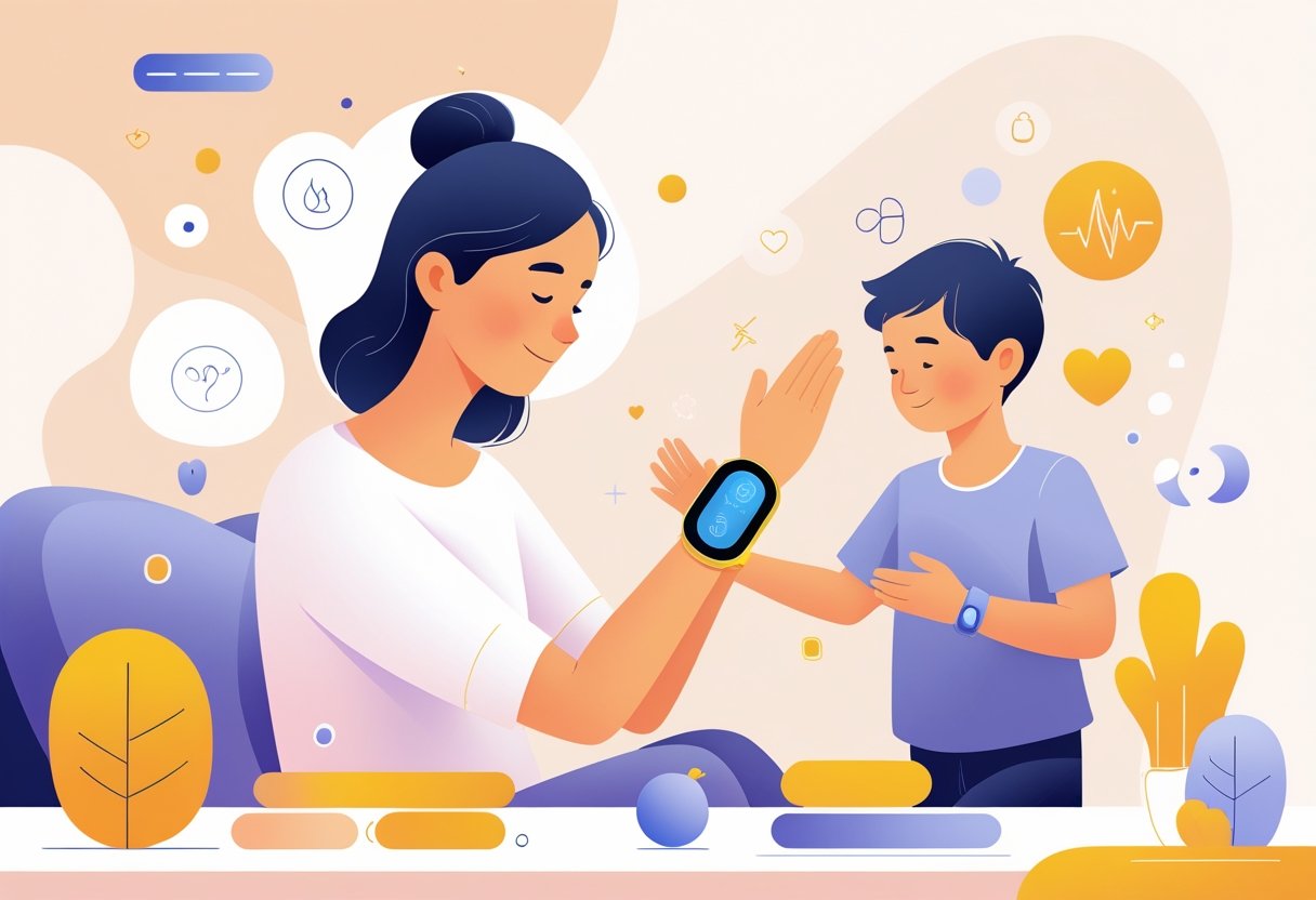 A parent wearing a wrist wearable device, calmly interacting with their child in a home setting, with subtle glowing indicators representing stress monitoring.