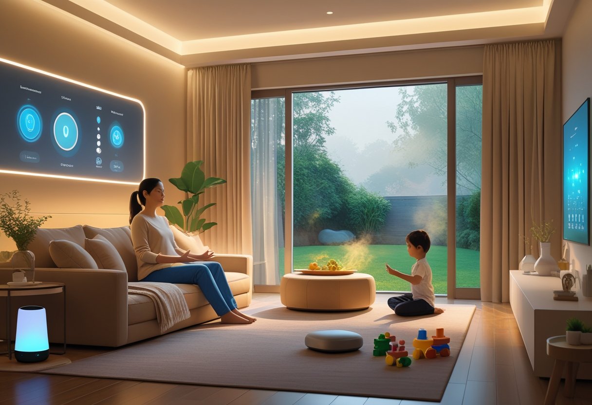 A parent relaxing in a cozy living room with smart home devices while a child plays nearby.