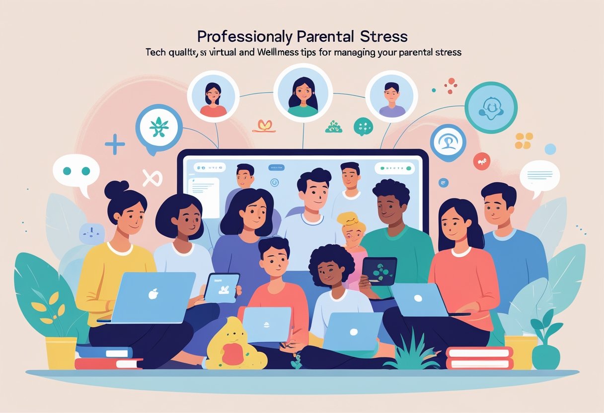 Parents using digital devices at home, connected through a virtual support network, surrounded by calming wellness symbols.