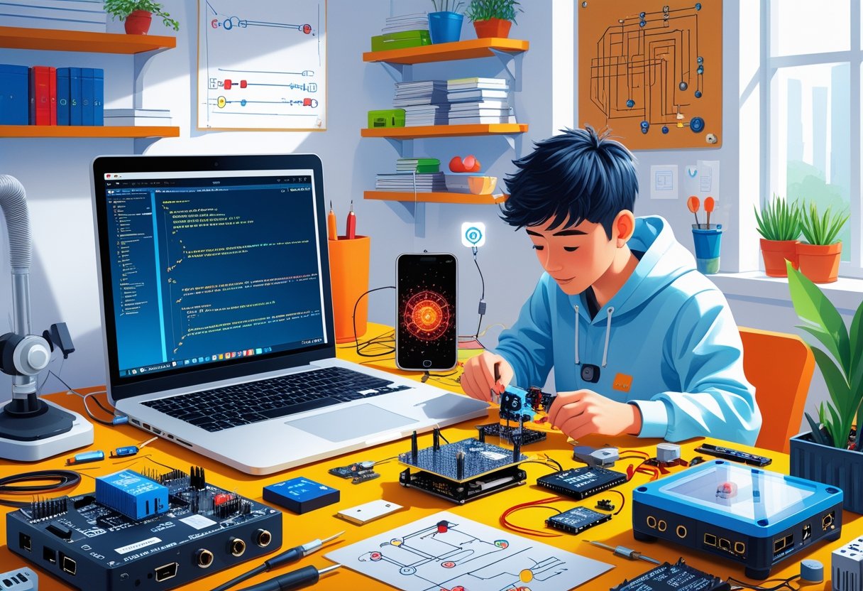 A person working on a DIY STEM project at a home workspace filled with a laptop, smartphone, microcontroller, 3D printer, and electronic components.