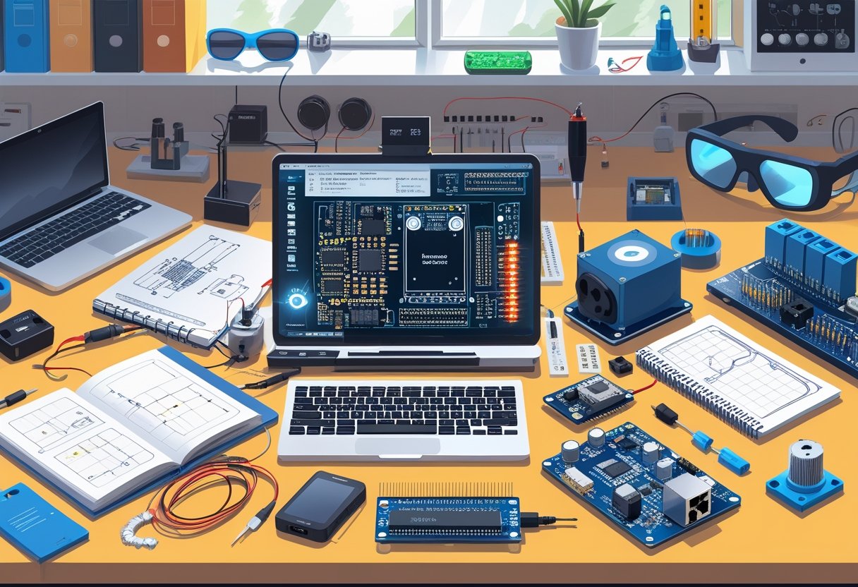 A workspace with various tech gadgets and tools like a laptop, smartphone, microcontroller board, wires, breadboard, and electronic components arranged for DIY STEM projects.