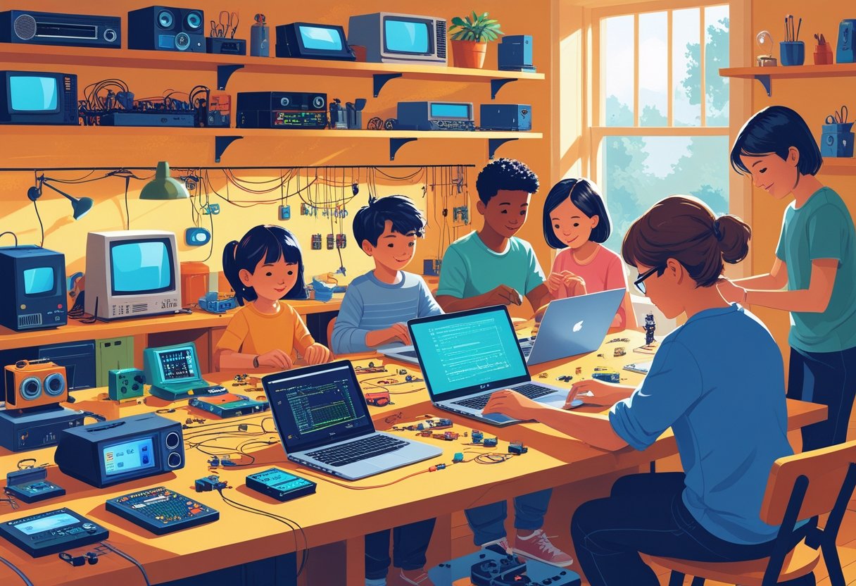 People working together on DIY STEM projects using old tech gadgets at a home workspace.