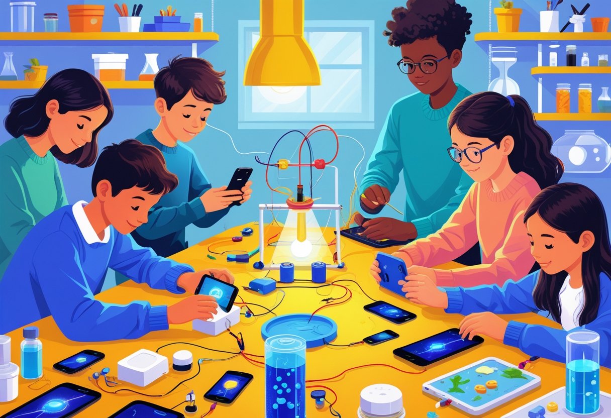 People of different ages conducting science experiments using common household gadgets on a bright workspace.