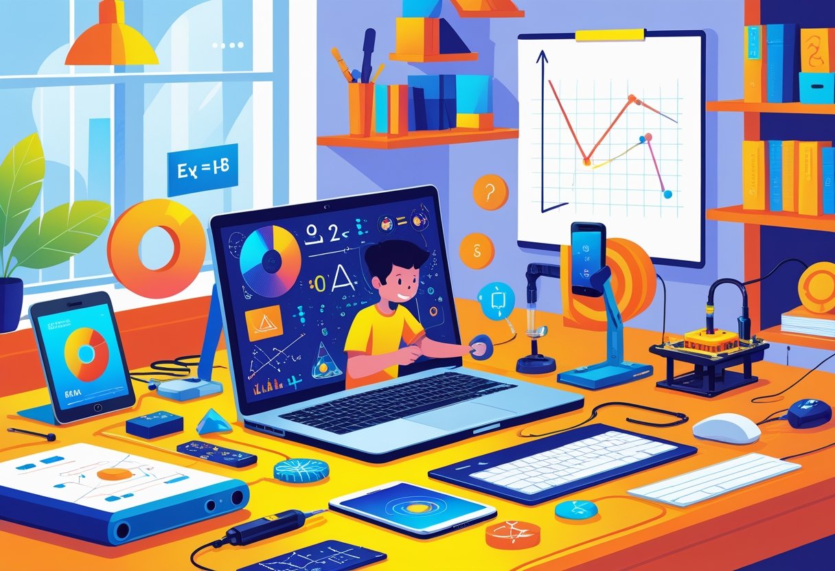 A person working on a math-based STEM project at a home desk surrounded by technology gadgets and DIY tools.