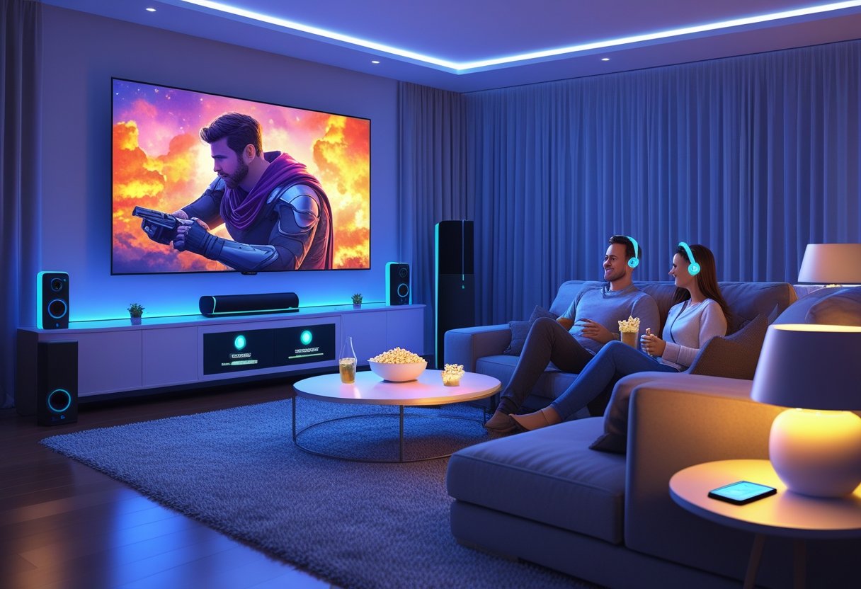 A couple sitting on a sofa in a living room with a large TV, smart lighting, smart speaker, and smart curtains creating a cozy movie night atmosphere.