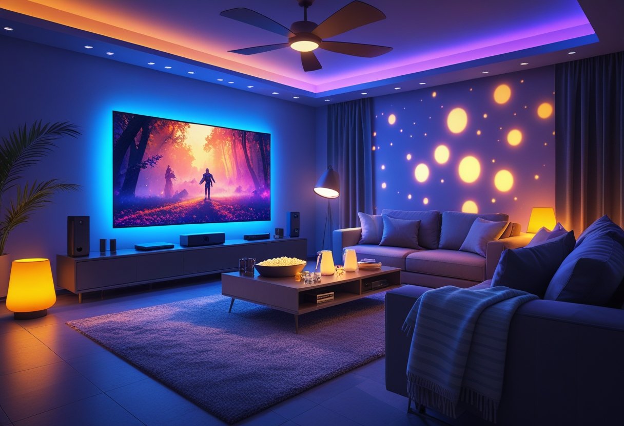 A living room set for movie night with a large TV, colorful smart lights illuminating the space, a sofa with cushions, and smart home devices on a side table.