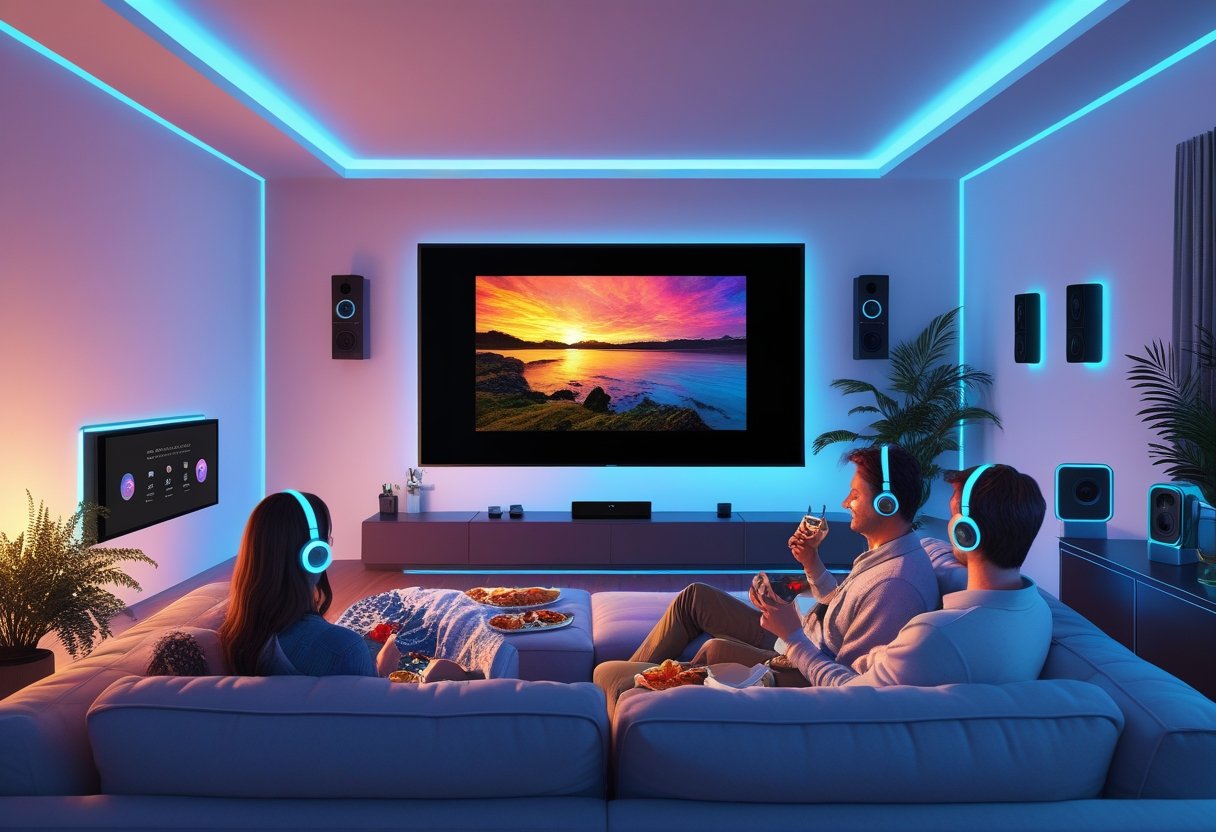 A family enjoying a movie night in a living room with smart speakers, wireless headphones, and ambient lighting enhancing the audio experience.